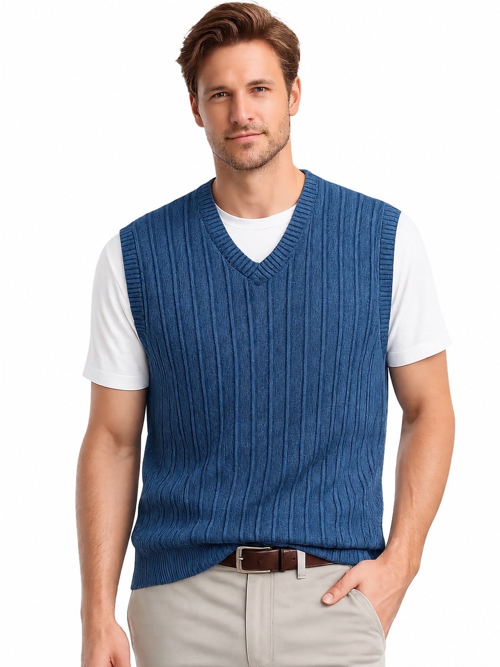 Bullock & Jones Men’s Large Blue Pima Cotton V-Neck Sweater Vest